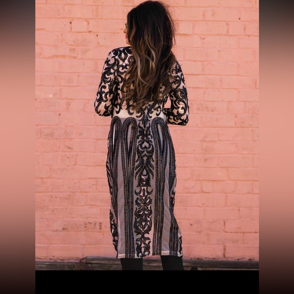 BLACK SEQUIN ON NUDE MESH CARDIGAN LIMITED EDITION LONG DUSTER - Picture 1 of 6